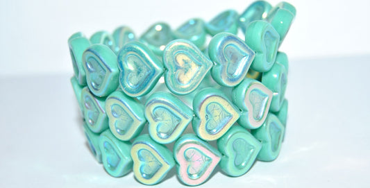 Heart With Heart Pressed Glass Beads, Turquoise Ab 2Xside (63130 Ab 2Xside), Glass, Czech Republic