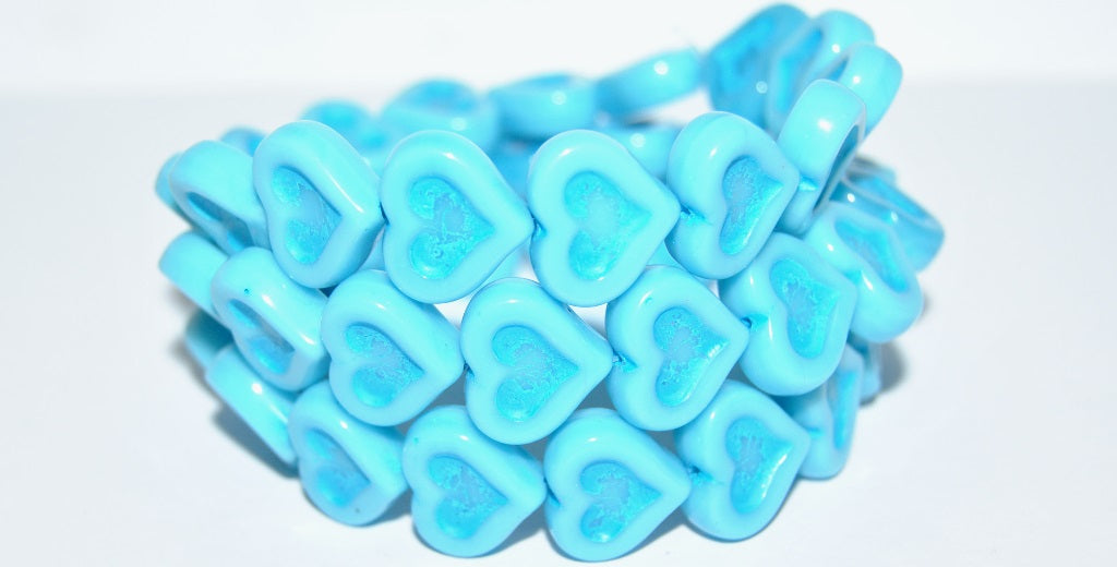 Heart With Heart Pressed Glass Beads, Turquoise Blue 46460 (63030 46460), Glass, Czech Republic