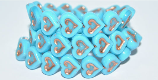 Heart With Heart Pressed Glass Beads, Turquoise Blue 54200 (63030 54200), Glass, Czech Republic