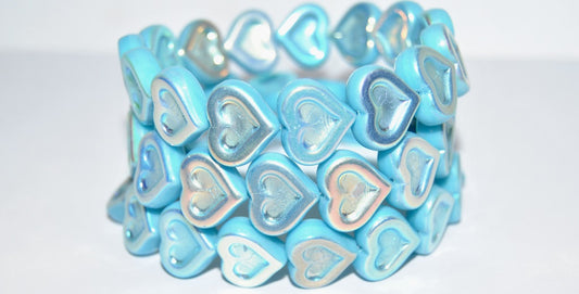 Heart With Heart Pressed Glass Beads, Turquoise Blue Ab 2Xside (63030 Ab 2Xside), Glass, Czech Republic