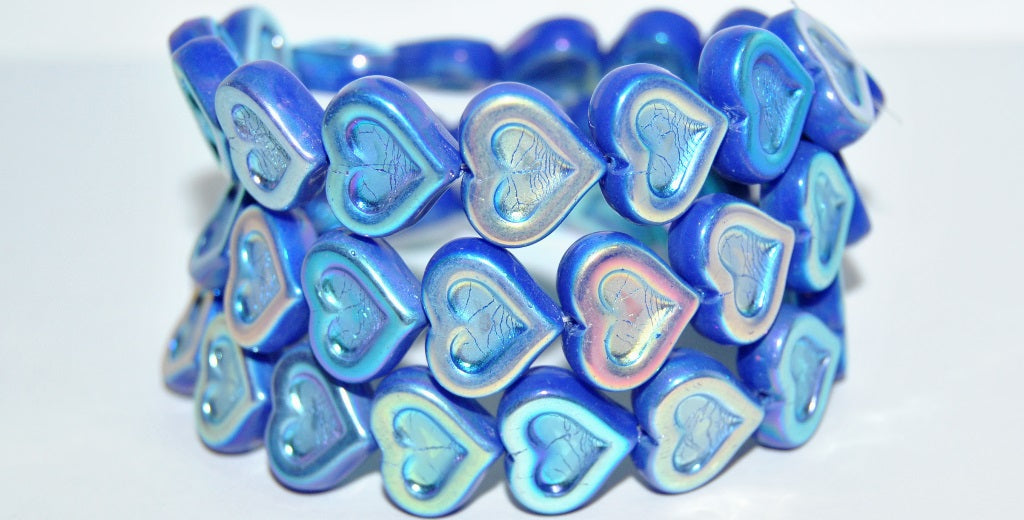 Heart With Heart Pressed Glass Beads, Rich Blue Ab 2Xside (33060 Ab 2Xside), Glass, Czech Republic