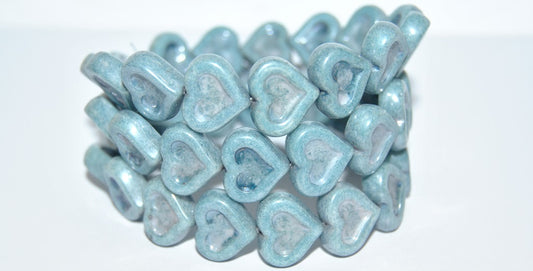 Heart With Heart Pressed Glass Beads, White Luster Blue Full Coated (2010 14464), Glass, Czech Republic