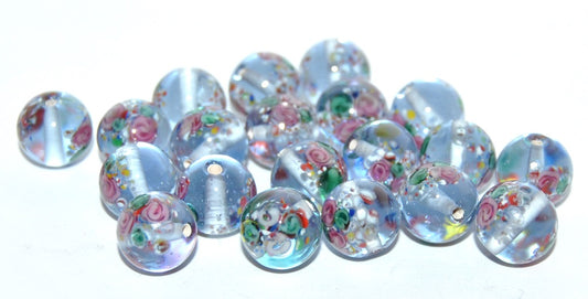 Czech Glass Hand Made Round Lampwork Beads With Flower, (B), Glass, Czech Republic