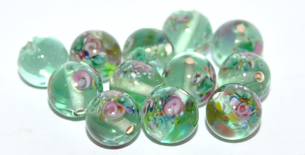 Czech Glass Hand Made Round Lampwork Beads With Flower, (D), Glass, Czech Republic