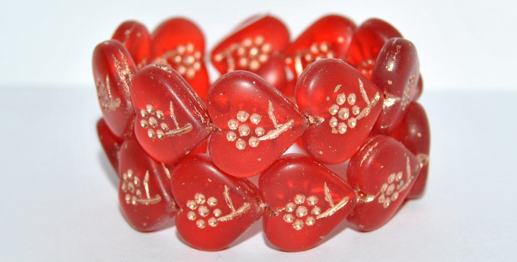 Heart With Simple Flower Pressed Glass Beads, Light Siam 54200M (90070 54200M), Glass, Czech Republic