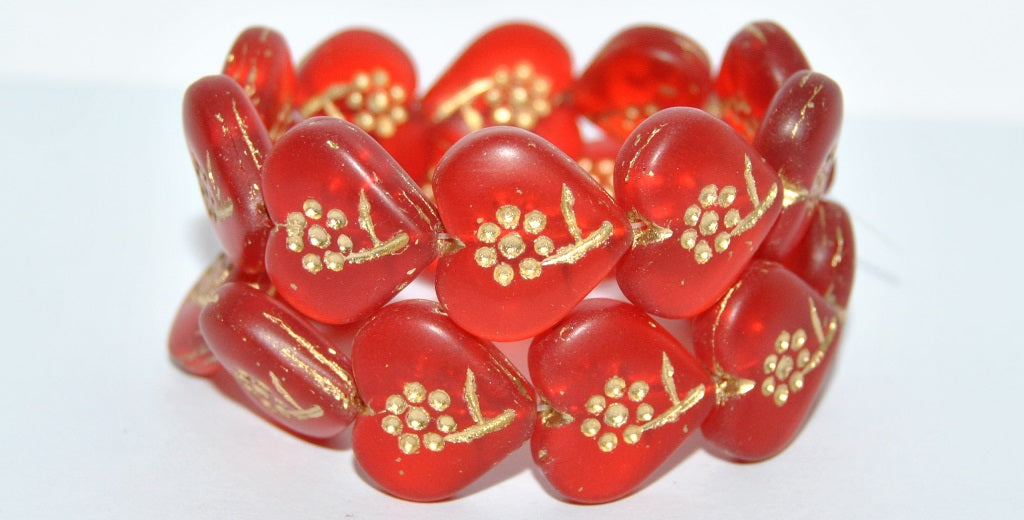 Heart With Simple Flower Pressed Glass Beads, Light Siam 54202M (90070 54202M), Glass, Czech Republic