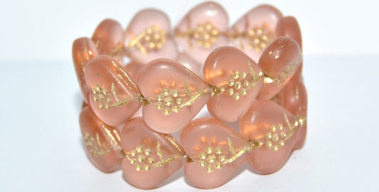 Heart With Simple Flower Pressed Glass Beads, Transparent Pink 54202M (70110 54202M), Glass, Czech Republic