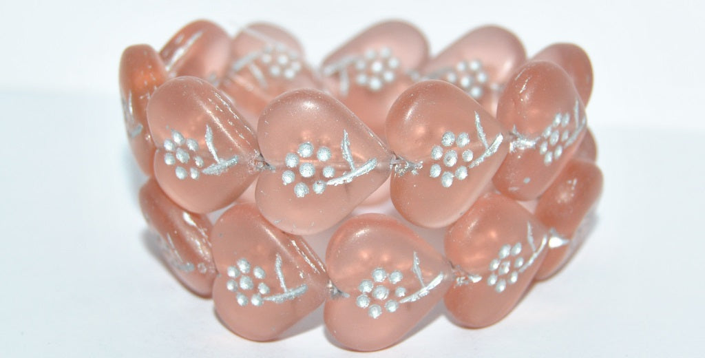 Heart With Simple Flower Pressed Glass Beads, Transparent Pink 54201M (70110 54201M), Glass, Czech Republic