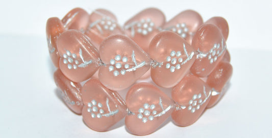 Heart With Simple Flower Pressed Glass Beads, Transparent Pink 54201M (70110 54201M), Glass, Czech Republic