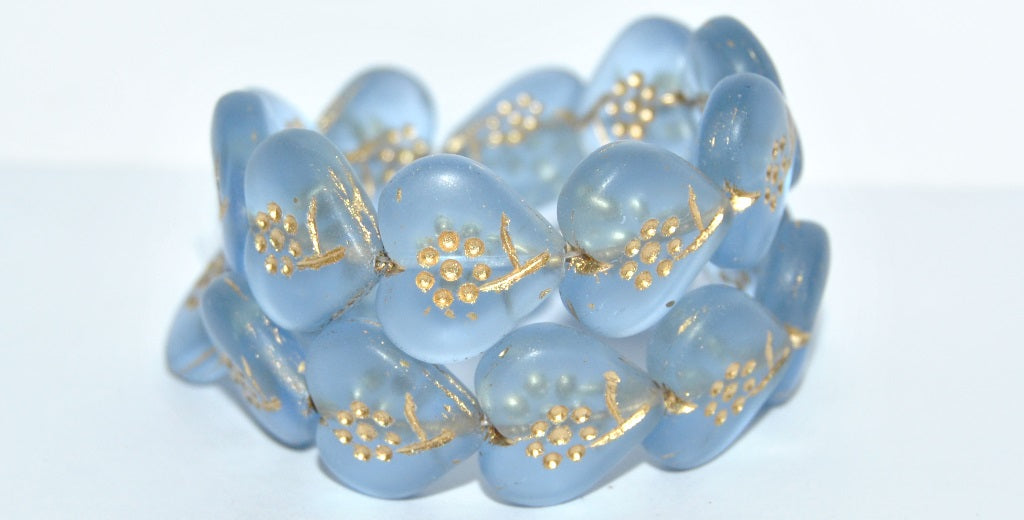 Heart With Simple Flower Pressed Glass Beads, Transparent Blue 54202M (30020 54202M), Glass, Czech Republic