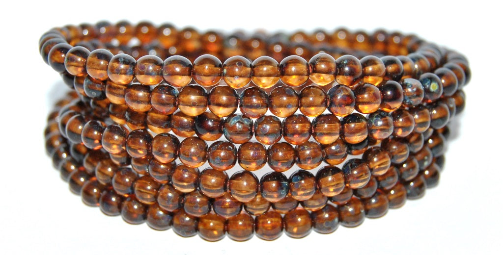 Czech Glass Round Pressed Druck Beads, Transparent Brown Travertin (10210 86800), Glass, Czech Republic