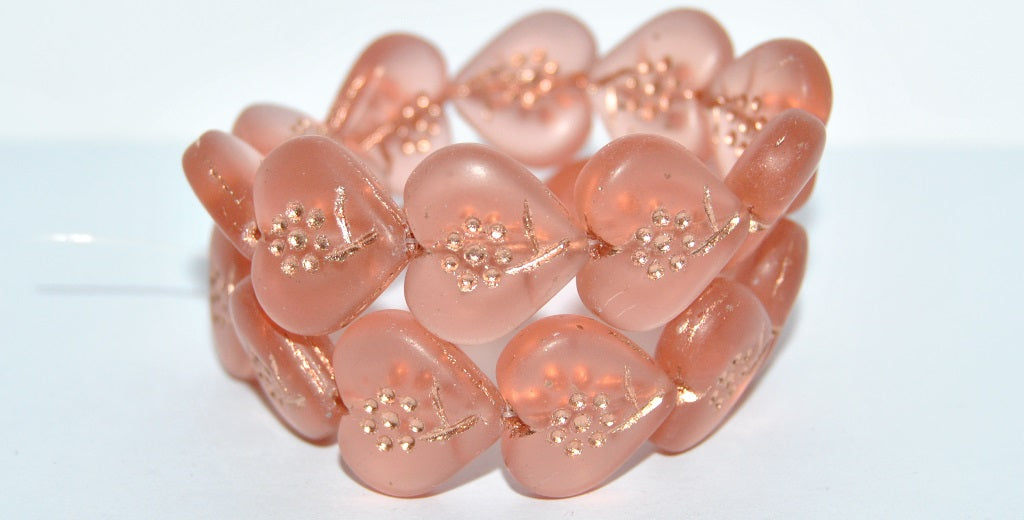 Heart With Simple Flower Pressed Glass Beads, Transparent Pink 54200M (70110 54200M), Glass, Czech Republic