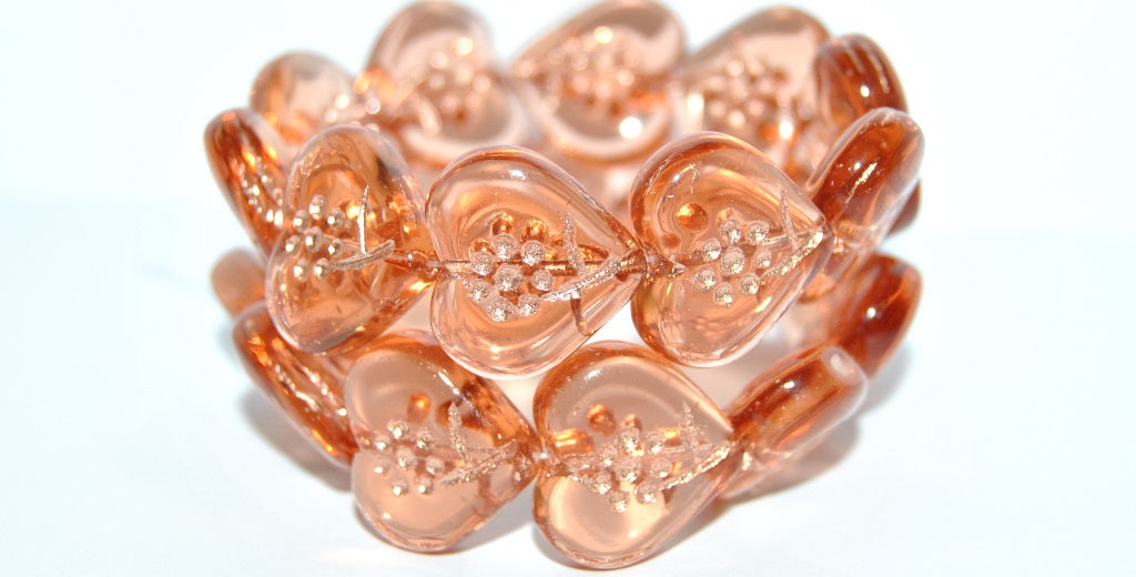 Heart With Simple Flower Pressed Glass Beads, Transparent Pink 54200 (70110 54200), Glass, Czech Republic