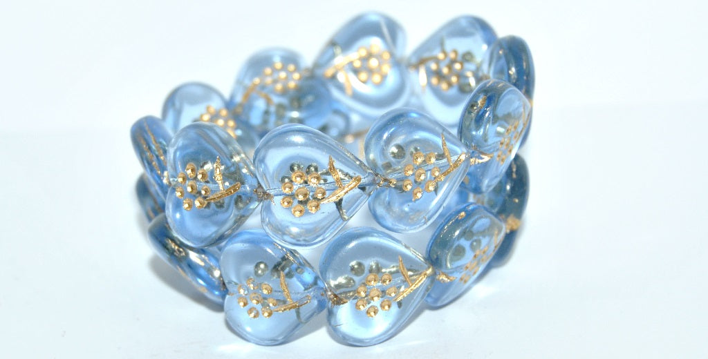 Heart With Simple Flower Pressed Glass Beads, Transparent Blue 54202 (30020 54202), Glass, Czech Republic