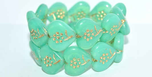 Heart With Simple Flower Pressed Glass Beads, Opal Aqua 54202 (61100 54202), Glass, Czech Republic