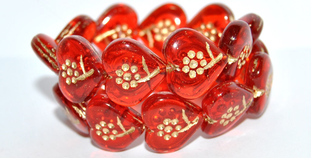 Heart With Simple Flower Pressed Glass Beads, Light Siam 54202 (90070 54202), Glass, Czech Republic