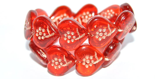 Heart With Simple Flower Pressed Glass Beads, Light Siam 54200 (90070 54200), Glass, Czech Republic