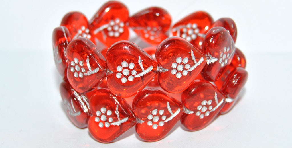 Heart With Simple Flower Pressed Glass Beads, Light Siam 54201 (90070 54201), Glass, Czech Republic