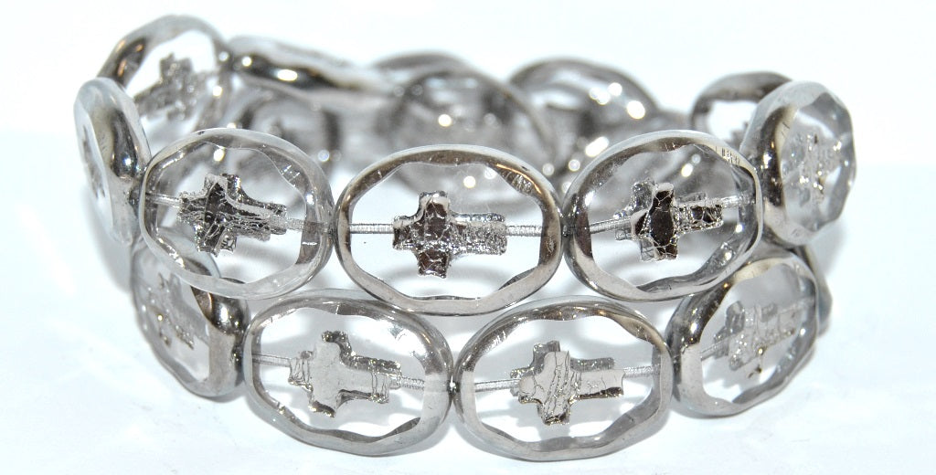 Table Cut Oval Beads With Cross, Gray Chrom 2Xside (40010 Chrom 2Xside), Glass, Czech Republic