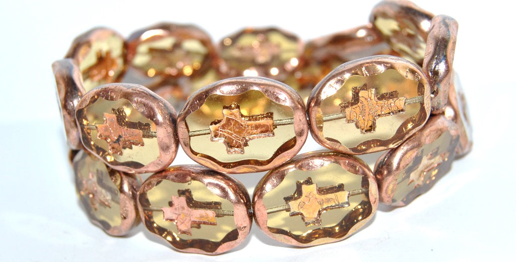 Table Cut Oval Beads With Cross, Transparent Yellow 27101 2Xside (80100 27101 2Xside), Glass, Czech Republic