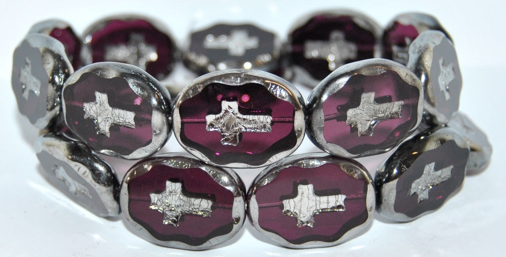 Table Cut Oval Beads With Cross, Transparent Amethyst Chrome 2Xside (20080 Chrome 2Xside), Glass, Czech Republic