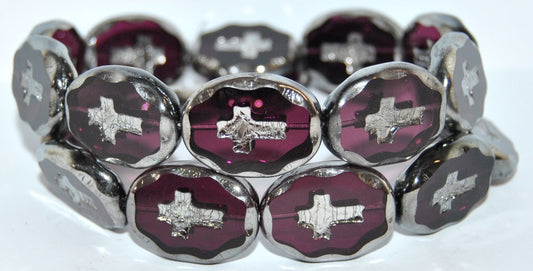 Table Cut Oval Beads With Cross, Transparent Amethyst Chrome 2Xside (20080 Chrome 2Xside), Glass, Czech Republic