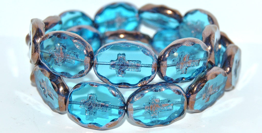 Table Cut Oval Beads With Cross, Transparent Aqua Bronze (60040 14415), Glass, Czech Republic