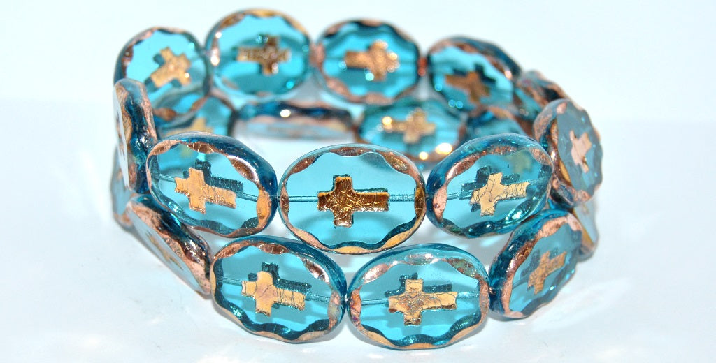 Table Cut Oval Beads With Cross, Transparent Aqua 27101 2Xside (60040 27101 2Xside), Glass, Czech Republic