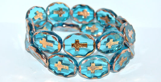 Table Cut Oval Beads With Cross, Transparent Aqua 27101 2Xside (60040 27101 2Xside), Glass, Czech Republic