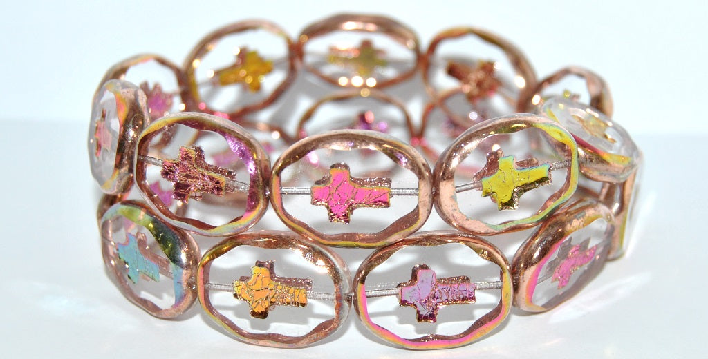 Table Cut Oval Beads With Cross, Transparent Blue Vitex 2Xside (30000 Vitex 2Xside), Glass, Czech Republic