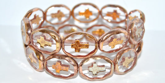 Table Cut Oval Beads With Cross, Transparent Blue 27101 2Xside (30000 27101 2Xside), Glass, Czech Republic