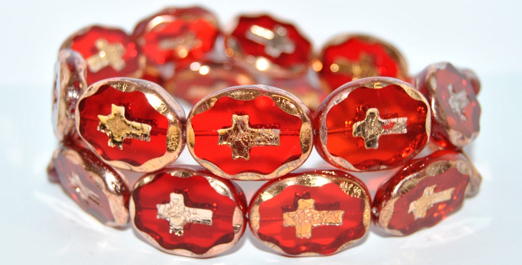 Table Cut Oval Beads With Cross, Light Siam 27101 2Xside (90070 27101 2Xside), Glass, Czech Republic