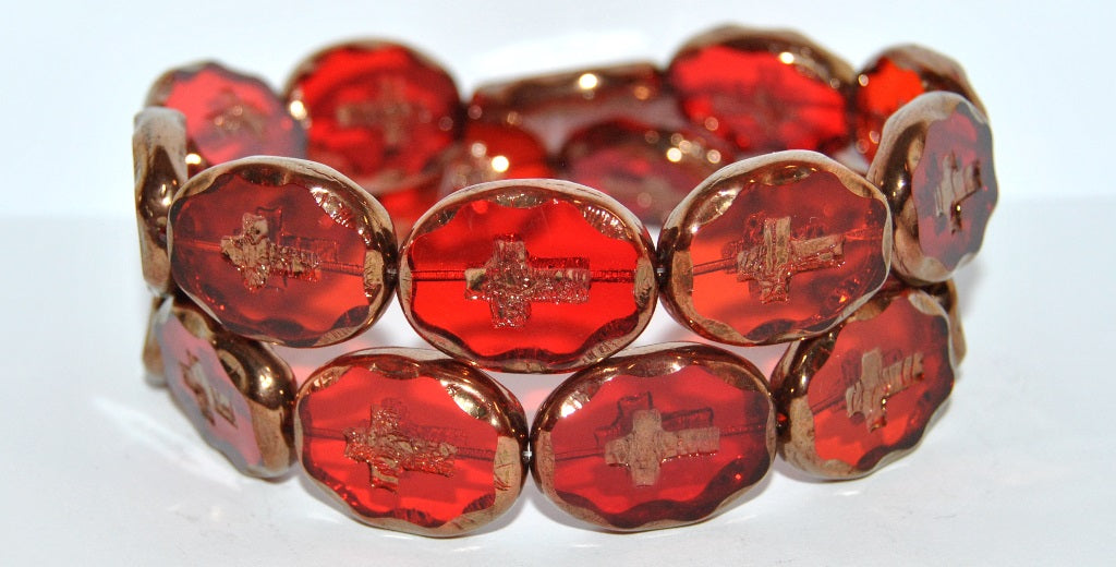 Table Cut Oval Beads With Cross, Light Siam Bronze (90070 14415), Glass, Czech Republic