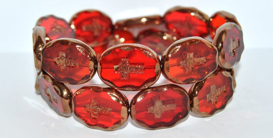 Table Cut Oval Beads With Cross, Light Siam Bronze (90070 14415), Glass, Czech Republic