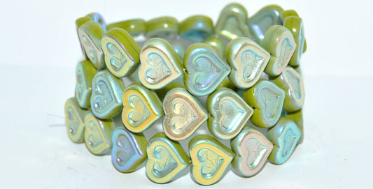 Heart With Heart Pressed Glass Beads, Opaque Green Ab 2Xside (53400 Ab 2Xside), Glass, Czech Republic