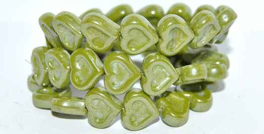 Heart With Heart Pressed Glass Beads, Opaque Green Hematite (53400 14400), Glass, Czech Republic