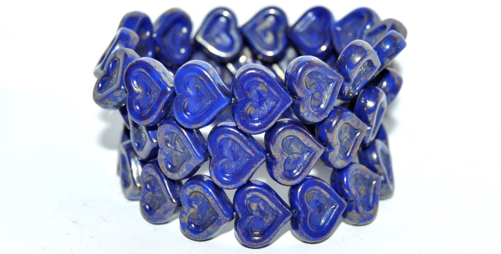 Heart With Heart Pressed Glass Beads, Rich Blue Terracotta Red (33060 15495), Glass, Czech Republic