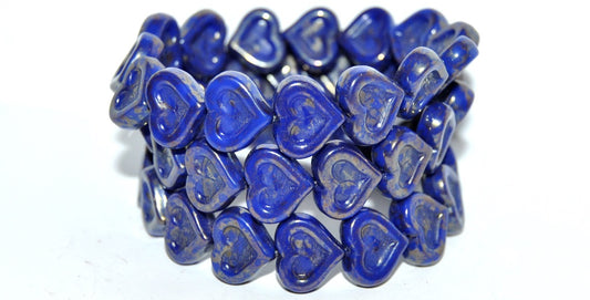 Heart With Heart Pressed Glass Beads, Rich Blue Terracotta Red (33060 15495), Glass, Czech Republic