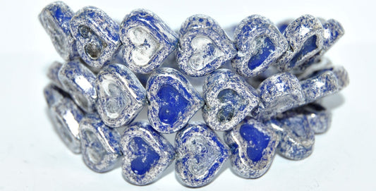 Heart With Heart Pressed Glass Beads, Rich Blue Terracotta Silver Antiq Silver (33060 15481 Antiq Silver), Glass, Czech Republic