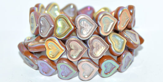 Heart With Heart Pressed Glass Beads, Opaque Brown Ab 2Xside (13600 Ab 2Xside), Glass, Czech Republic