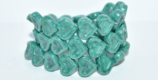 Heart With Heart Pressed Glass Beads, Turquoise Terracotta Blue (63130 15464), Glass, Czech Republic