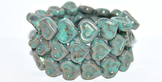 Heart With Heart Pressed Glass Beads, Turquoise Terracotta Red (63130 15495), Glass, Czech Republic