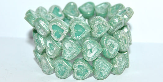 Heart With Heart Pressed Glass Beads, Turquoise Terracotta Silver Antiq Silver (63130 15481 Antiq Silver), Glass, Czech Republic