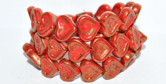 Heart With Heart Pressed Glass Beads, Red Terracotta Violet (93190 15496), Glass, Czech Republic