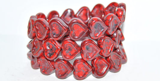 Heart With Heart Pressed Glass Beads, Red Terracotta Blue (93190 15464), Glass, Czech Republic