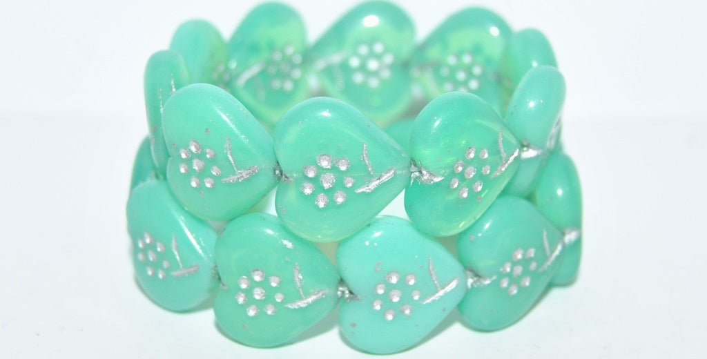 Heart With Simple Flower Pressed Glass Beads, Opal Aqua 54201 (61100 54201), Glass, Czech Republic