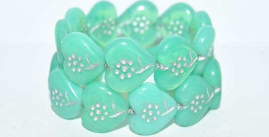 Heart With Simple Flower Pressed Glass Beads, Opal Aqua 54201 (61100 54201), Glass, Czech Republic