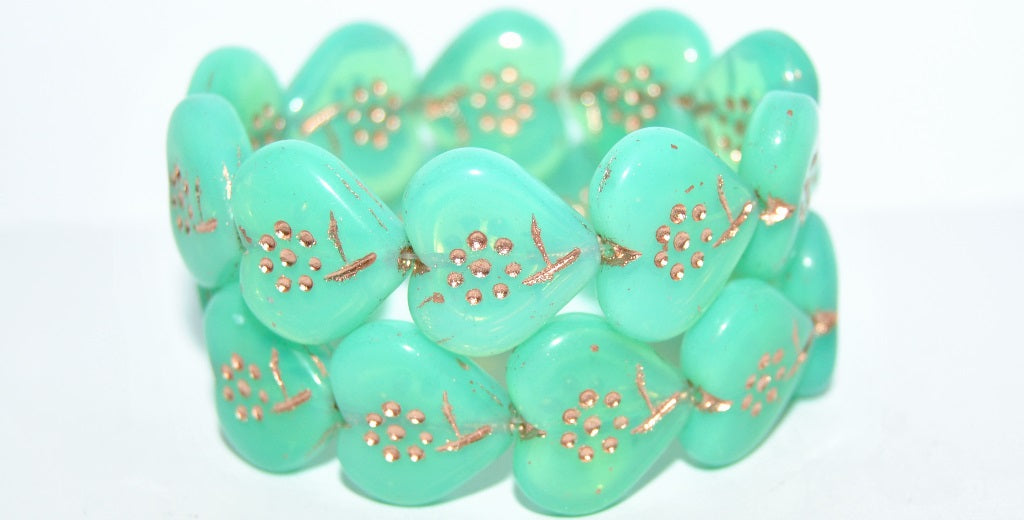 Heart With Simple Flower Pressed Glass Beads, Opal Aqua 54200 (61100 54200), Glass, Czech Republic