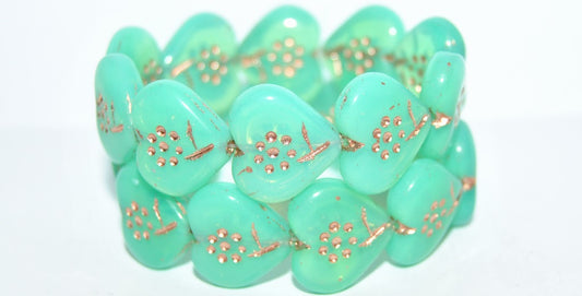Heart With Simple Flower Pressed Glass Beads, Opal Aqua 54200 (61100 54200), Glass, Czech Republic