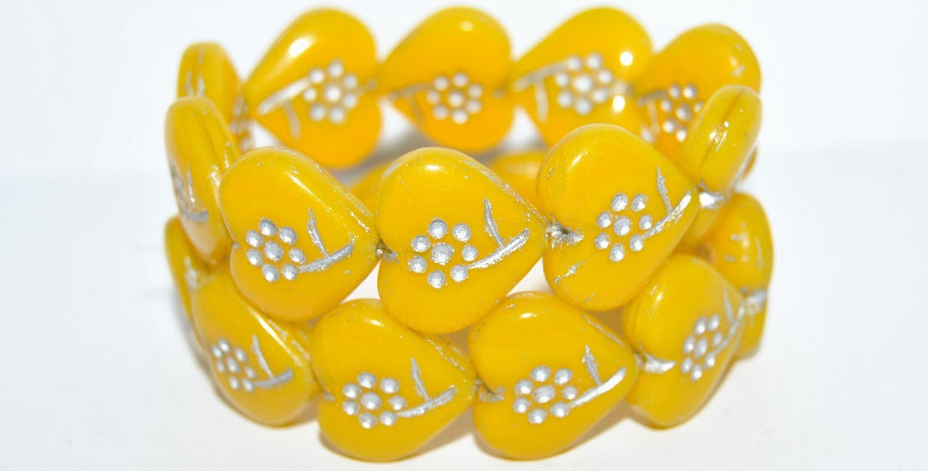 Heart With Simple Flower Pressed Glass Beads, Opal Yellow 54201 (81210 54201), Glass, Czech Republic